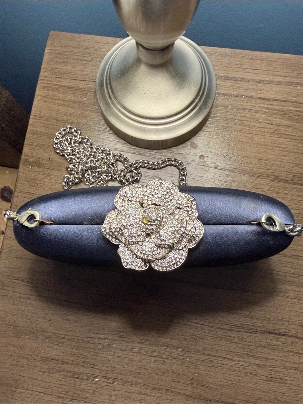 Crystal Flower Navy Satin Clutch with Chain Strap